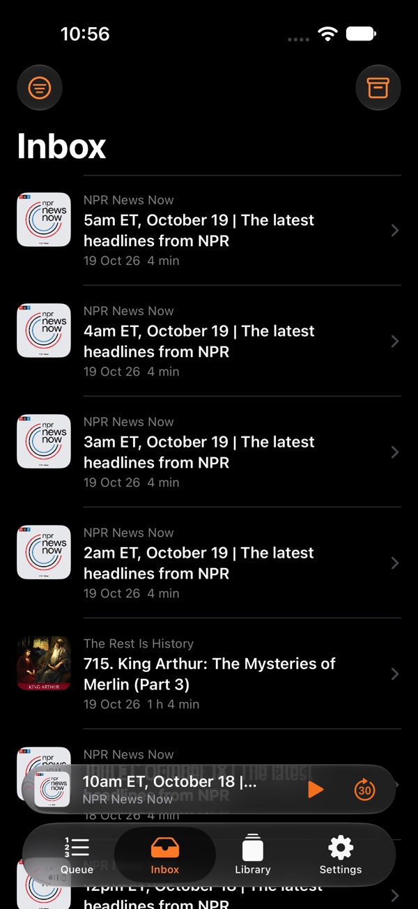 The Opiuml Inbox, with swipe actions to play next, play last, archive or star