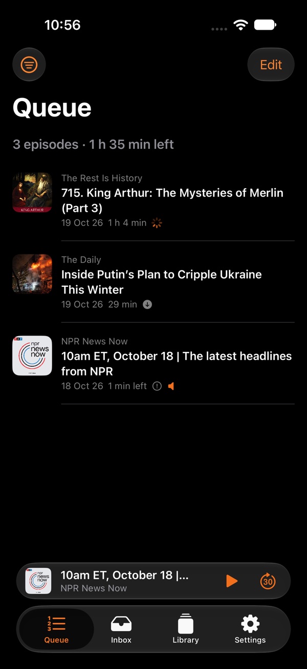 Opiuml Queue showing seven episodes and the time left